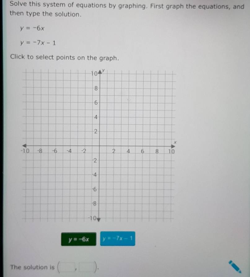 Solve this system of equations by graphing. First graph the equations, and 
then type the solution.
y=-6x
y=-7x-1
Click to select points on the graph.
y=-6x y=-7x-1
The solution is (□ ,□ ).