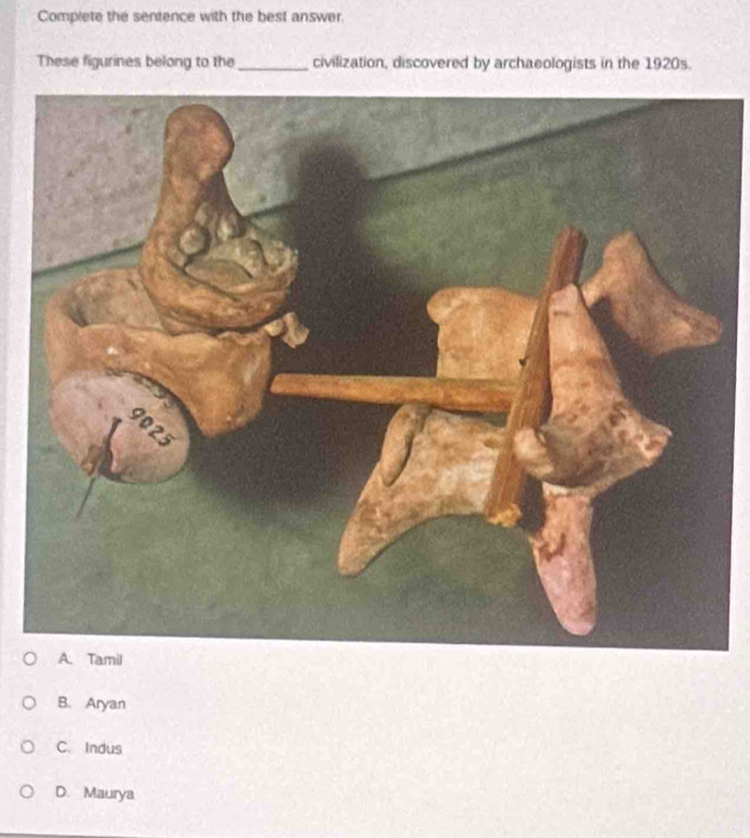 Complete the sentence with the best answer.
These figurines belong to the _civilization, discovered by archaeologists in the 1920s.
B. Aryan
C. Indus
D. Maurya