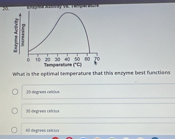 20Enzyme Activity vs. Temperatur
What is the optimal temperature that this enzyme best functions
20 degrees celcius
30 degrees celcius
40 degrees celcius