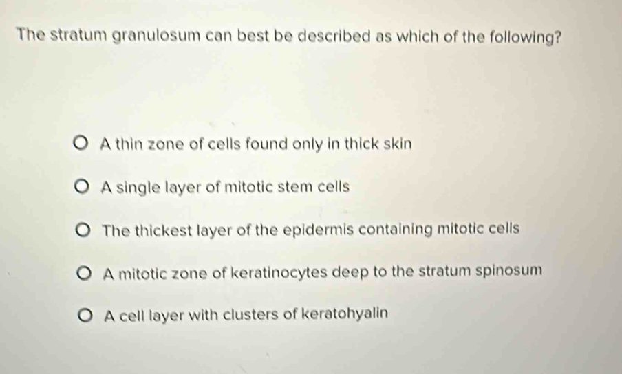 The stratum granulosum can best be described as which of the following?
A thin zone of cells found only in thick skin
A single layer of mitotic stem cells
The thickest layer of the epidermis containing mitotic cells
A mitotic zone of keratinocytes deep to the stratum spinosum
A cell layer with clusters of keratohyalin