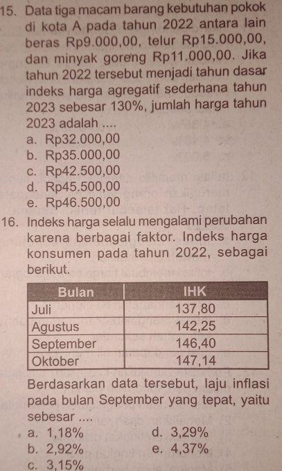 Data tiga macam barang kebutuhan pokok
di kota A pada tahun 2022 antara lain
beras Rp9.000,00, telur Rp15.000,00,
dan minyak goreng Rp11.000,00. Jika
tahun 2022 tersebut menjadi tahun dasar
indeks harga agregatif sederhana tahun
2023 sebesar 130%, jumlah harga tahun
2023 adalah ....
a. Rp32.000,00
b. Rp35.000,00
c. Rp42.500,00
d. Rp45.500,00
e. Rp46.500,00
16. Indeks harga selalu mengalami perubahan
karena berbagai faktor. Indeks harga
konsumen pada tahun 2022, sebagai
berikut.
Berdasarkan data tersebut, laju inflasi
pada bulan September yang tepat, yaitu
sebesar ....
a⩽ 1,18% d⩾ 3,29%
b. 2,92% e. 4,37%
c. 3,15%