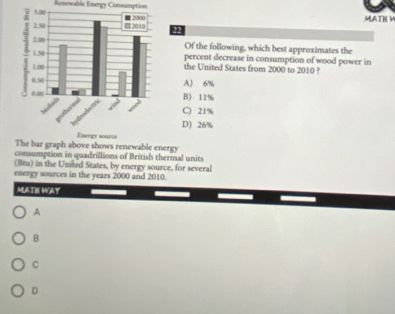 Renewable Energy Consumption
MATN H
22
Of the following, which best approximates the
percent decrease in consumption of wood power in
the United States from 2000 to 2010 ?
A) 6%
B) 11%
C) 21%
D) 26%
nergy
consumption in quadrillions of British thermal units
(Btu) in the United States, by energy source, for several
energy sources in the years 2000 and 2010.
MATH WAY
A
B
C
D