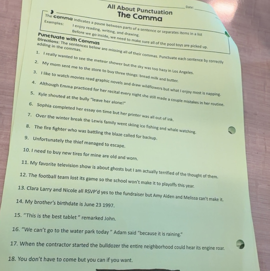 Solved: Date: All About Punctuation _ The Comma The commá indicates a ...