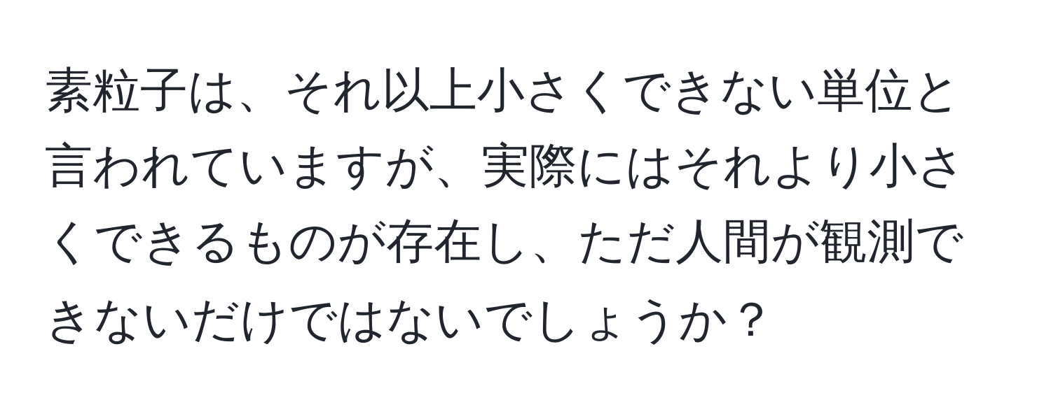 素粒子は、それ以上小さくできない単位と言われていますが、実際にはそれより小さくできるものが存在し、ただ人間が観測できないだけではないでしょうか？