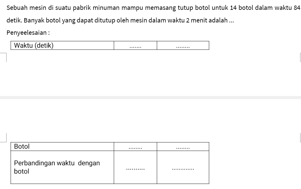 Sebuah mesin di suatu pabrik minuman mampu memasang tutup botol untuk 14 botol dalam waktu 84
detik. Banyak botol yang dapat ditutup oleh mesin dalam waktu 2 menit adalah ... 
Penyeelesaian : 
Waktu (detik) 
_ 
_