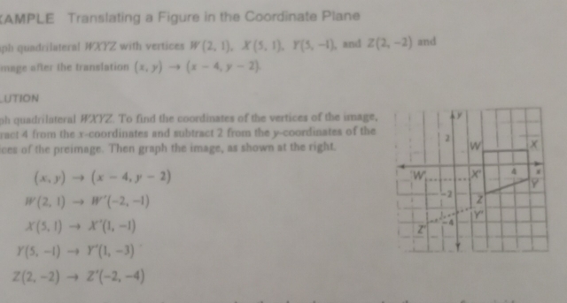 AMPLE Translating a Figure in the Coordinate Plane 
aph quadrilateral WXYZ with vertices W(2,1), X(5,1), Y(5,-1) , and Z(2,-2) and 
mage after the translation (x,y)to (x-4,y-2). 
UTION 
ph quadrilateral XYZ. To find the coordinates of the vertices of the image, y
ract 4 from the x-coordinates and subtract 2 from the y-coordinates of the 2
ces of the preimage. Then graph the image, as shown at the right. W
(x,y)to (x-4,y-2)
V X' 4
Y
W(2,1)to W'(-2,-1)
-2 z
Y'
X(5,1) to X'(1,-1)
Z
-4
Y(5,-1) ^circ  Y'(1,-3)
Z(2,-2) Z'(-2,-4)