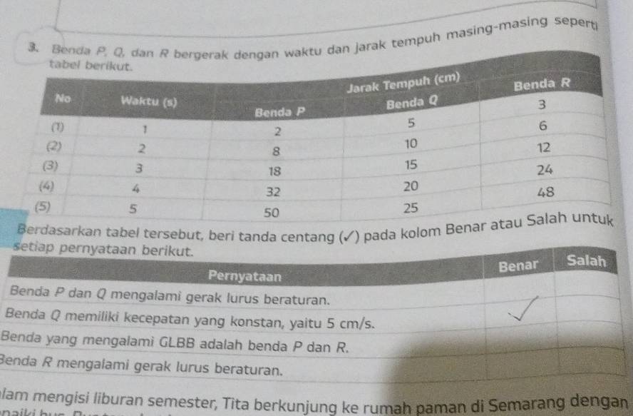 arak tempuh masing-masing sepert 
Berdasarkan tabel tersebut, beri tanda centang (✓) pada kolom B 
B 
B 
B 
blam mengisi liburan semester, Tita berkunjung ke rumah paman di Semarang dengan