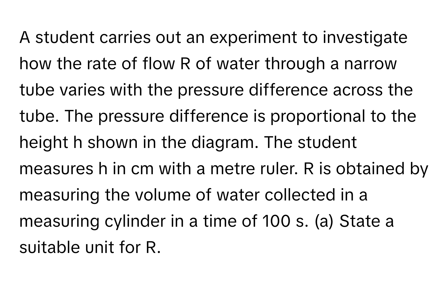 A student carries out an experiment to investigate how the rate of flow R of water through a narrow tube varies with the pressure difference across the tube. The pressure difference is proportional to the height h shown in the diagram. The student measures h in cm with a metre ruler. R is obtained by measuring the volume of water collected in a measuring cylinder in a time of 100 s. (a) State a suitable unit for R.