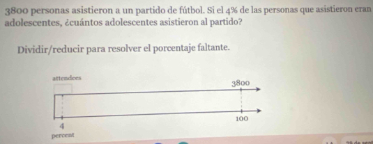 3800 personas asistieron a un partido de fútbol. Si el 4% de las personas que asistieron eran 
adolescentes, ¿cuántos adolescentes asistieron al partido? 
Dividir/reducir para resolver el porcentaje faltante.