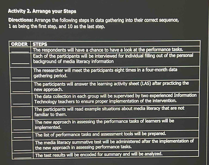 Activity 2. Arrange your Steps 
Directions: Arrange the following steps in data gathering into their correct sequence, 
1 as being the first step, and 10 as the last step.