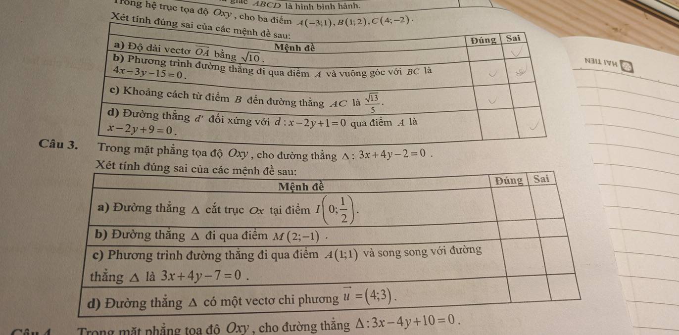 gc ABCD là hình bình hành.
rong hệ trục tọa độ Oxy , cho ba điểm
Xét tính
3IL IVH
Câua độ Oxy , cho đường thẳng △ :3x+4y-2=0.
Xét
Trong mặt phẳng toa đô Oxy , cho đường thắng △ :3x-4y+10=0.