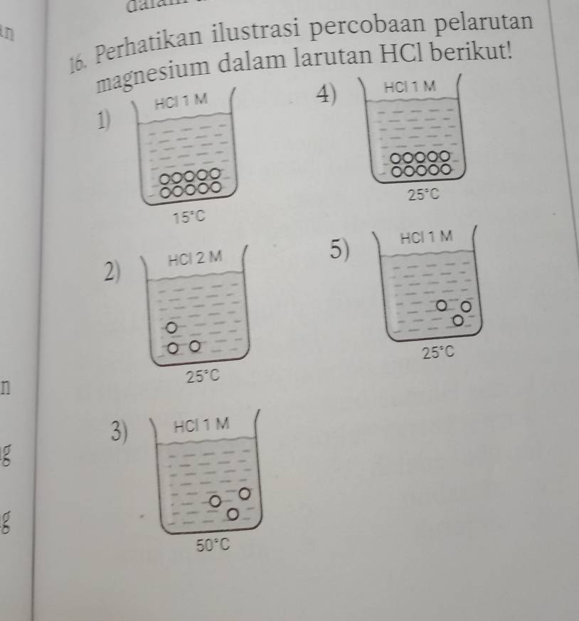 in
16. Perhatikan ilustrasi percobaan pelarutan
mesium dalam larutan HCl berikut!
1
4)
5) HCl 1 M
2)
25°C
n
3) HCl 1 M
<
Q
 50°C