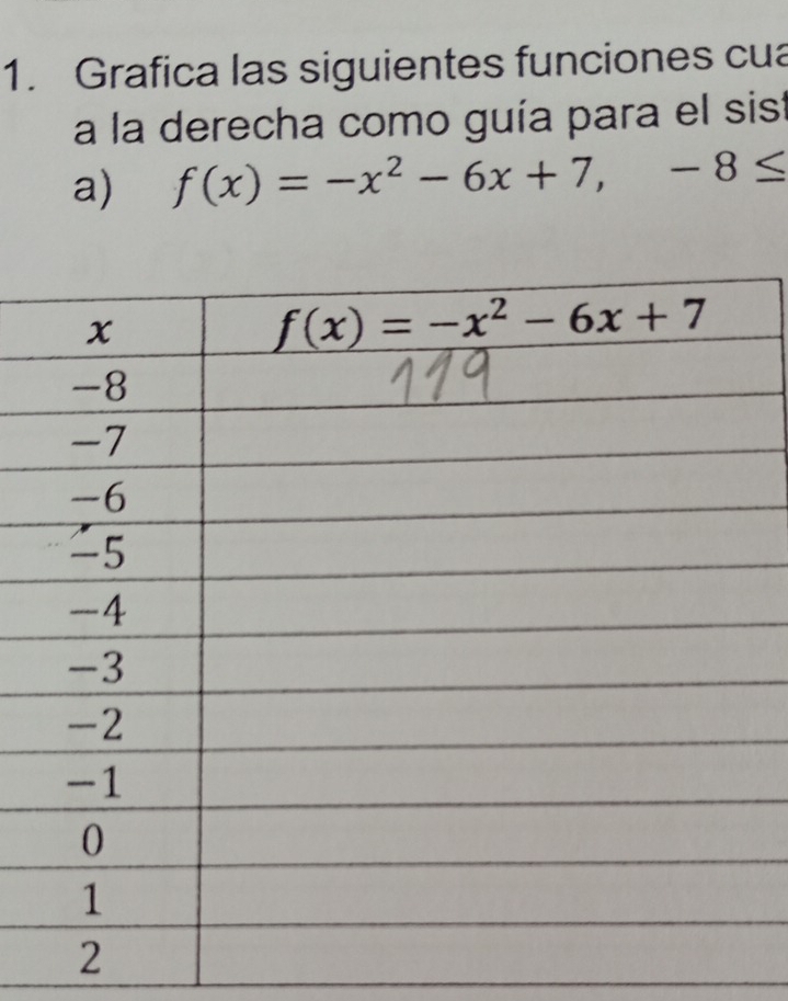 Grafica las siguientes funciones cua
a la derecha como guía para el sist
a) f(x)=-x^2-6x+7,-8≤