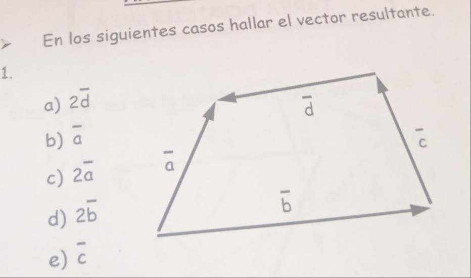 En los siguientes casos hallar el vector resultante.
1.
a) 2overline d
b) overline a
c) 2overline a
d) 2overline b
e) overline c