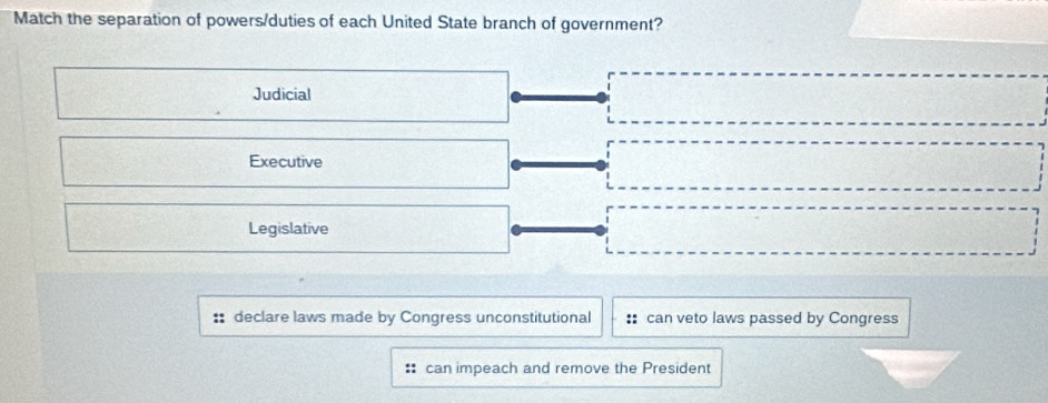 Match the separation of powers/duties of each United State branch of government?
Judicial
Executive
Legislative
declare laws made by Congress unconstitutional :: can veto laws passed by Congress
:: can impeach and remove the President