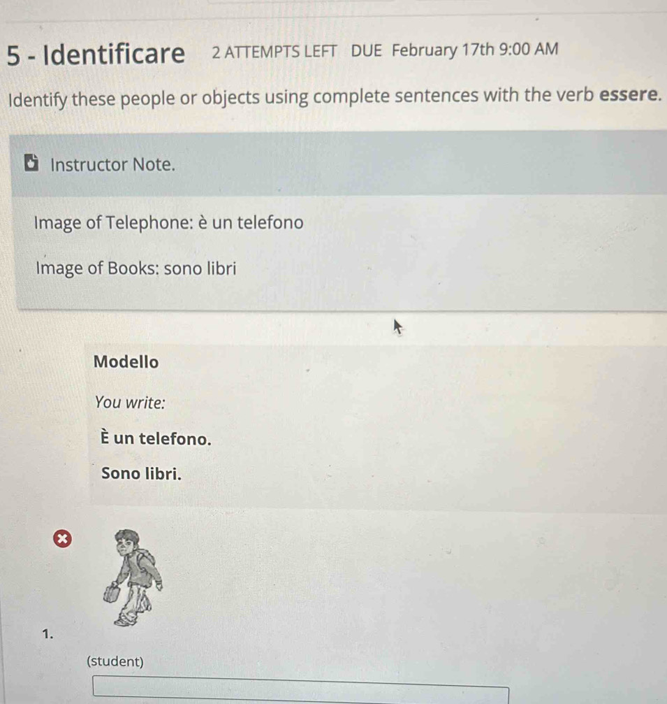 Identificare 2 ATTEMPTS LEFT DUE February 1 7th 9:00 AM 
Identify these people or objects using complete sentences with the verb essere. 
Instructor Note. 
Image of Telephone: è un telefono 
Image of Books: sono libri 
Modello 
You write: 
È un telefono. 
Sono libri. 
x 
1. 
(student)