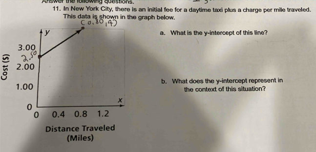 Answer the following questions. 
11. In New York City, there is an initial fee for a daytime taxi plus a charge per mile traveled. 
This data is shown in the graph below. 
a. What is the y-intercept of this line? 
b. What does the y-intercept represent in 
the context of this situation? 
Distance Traveled 
(Miles)