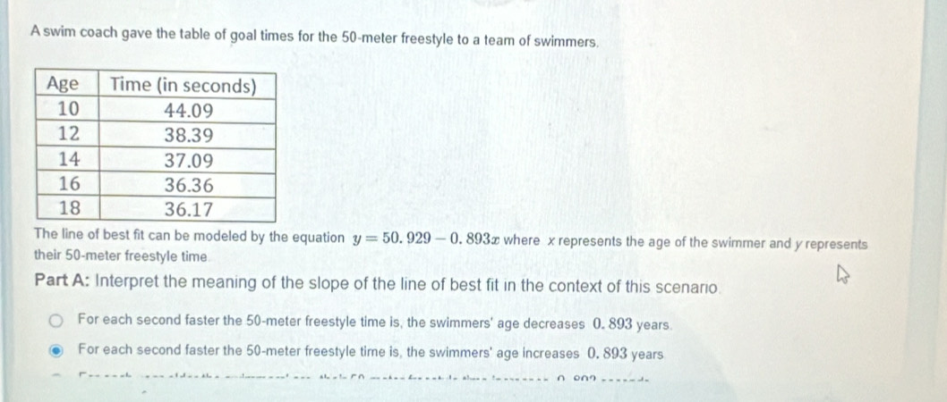 A swim coach gave the table of goal times for the 50-meter freestyle to a team of swimmers.
The line of best fit can be modeled by the equation y=50.929-0.893x where x represents the age of the swimmer and y represents
their 50-meter freestyle time
Part A: Interpret the meaning of the slope of the line of best fit in the context of this scenario.
For each second faster the 50-meter freestyle time is, the swimmers' age decreases 0. 893 years.
For each second faster the 50-meter freestyle time is, the swimmers' age increases 0. 893 years
77 _____.