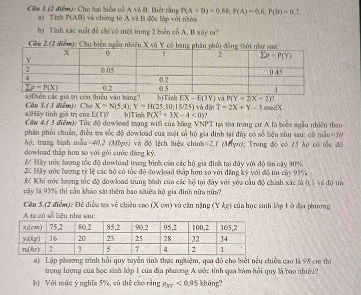 Câu 1.(2 điểm): Cho hai biến cổ A và B. Biết rằng P(A+B)=0,88;P(A)=0,6;P(B)=0,7,
a) Tinh P(AB) và chứng tỏ A và B độc lập với nhau.
b) Tinh xác suất để chỉ có một trong 2 biến cổ A, B xáy ra?
Câu 2.(2 điểm): Cho biển ngẫu nhiên X và Y có bản
a)Diển các giá trị còn thiếu vào bảng? b)Tinh EX-E(3Y) và P(Y=2|X=2) ?
Câu 3.( 1 điểm): Chơ Xsim N(5;4);Ysim H(25;10;15/25) và đặt T=2X+Y-3.medX.
a)Hãy tính giá trị của E(T) ? b)Tinh P(X^2+3X-4<0)
Câu 4.( 3 điểm): Tốc độ dowload mạng wifi của hãng VNPT tại tòa trung cư A là biến ngẫu nhiên theo
phân phối chuân, điều tra tốc độ dowload của một số hộ gia đình tại đây có số liệu như sau: cỡ mẫu =50
hộ; trung bình mẫ u=40,2 (Mbps) và độ lệch hiệu chỉnh=2,1 (Mbps); Trong đó có 15 hộ có tốc độ
dowload thấp hơn so với gỏi cước đăng ký.
1/ Hãy ước lượng tốc độ dowload trung bình của các hộ gia đình tại đây với độ tin cậy 90%
2% Hãy ước lượng tỷ lệ các hộ có tốc độ dowload thấp hơn so với đăng ký với độ tin cậy 95%
37 Khi ước lượng tốc độ dowload trung bình của các hộ tại đây với yêu cầu độ chính xác là 0,1 và độ tin
cậy là 93% thì cần khảo sát thêm bao nhiêu hộ gìa đình nữa nữa?
Câu 5.(2 điểm): Để điều tra về chiều cao (X cm) và cân nặng (Y kg) của học sinh lớp 1 ở địa phương
A ta có số liệu như sau:
a) Lập phương trình hồi quy tuyển tinh thực nghiệm, qua đó cho biết nều chiều cao là 98 cm thì
trọng lượng của học sinh lớp 1 của địa phương A ước tỉnh qua hàm hồi quy là bao nhiêu?
b) Với mức ý nghĩa 5%, có thể cho rằng rho _XY<0.95 không?