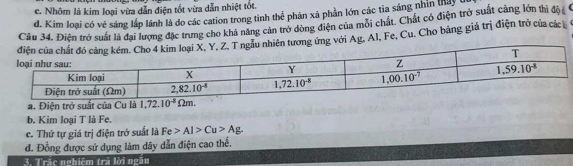 c. Nhôm là kim loại vừa dẫn điện tốt vừa dẫn nhiệt tốt.
d. Kim loại có vẻ sáng lấp lánh là do các cation trong tinh thể phản xả phần lớn các tia sáng nhìn thay y
Câu 34. Điện trở suất là đại lượng đặc trưng cho khả năng cản trở dòng điện của mỗi chất. Chất có điện trở suất càng lớn thì đột
ng ứng với Ag, Al, Fe, Cu. Cho bảng giá trị điện trở của các k
a. Điện trở suất của Cu là
b. Kim loại T là Fe.
c. Thứ tự giá trị điện trở suất là Fe>Al>Cu>Ag.
d. Đồng được sử dụng làm dây dẫn điện cao thế.
3. Trắc nghiêm trả lời ngắn