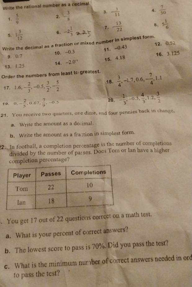 Write the rational number as a decimal. 
1.  5/9 
2. - 3/8  3.  3/11  4.  7/30 
5. 1 5/12  6. -2 1/3  7. - 13/22  B. 5 1/6 
Write the decimal as a fraction or mixed number in simplest form. 
11. -0.43
9. 0.7 10. -0.3 12. 0.52
13. 1.25 14. -2.0 ' 15. 4.18 16. 3.125
Order the numbers from least to greatest. 
17. 1.6, - 2/3 , -0.5,  3/2 , - 5/2 
18.  3/4 , -1.7, 0.6, - 7/4 , 1.1
19. 0, - 2/5 , 0.67,  7/9 , -0.5
20. - 1/3 , -0.3,  4/3 , 1.2,  3/2 
21. You receive two quarters, one dime, and four pennies back in change, 
a. Write the amount as a decimal. 
b. Write the amount as a fraction in simplest form. 
2. In football, a completion percentage is the number of completions 
divided by the number of passes. Does Tom or lan have a higher 
completion percentage? 
. You get 17 out of 22 questions correct on a math test. 
a. What is your percent of correct answers? 
b. The lowest score to pass is 70%. Did you pass the test? 
c. What is the minimum nurber of correct answers needed in ord 
to pass the test?