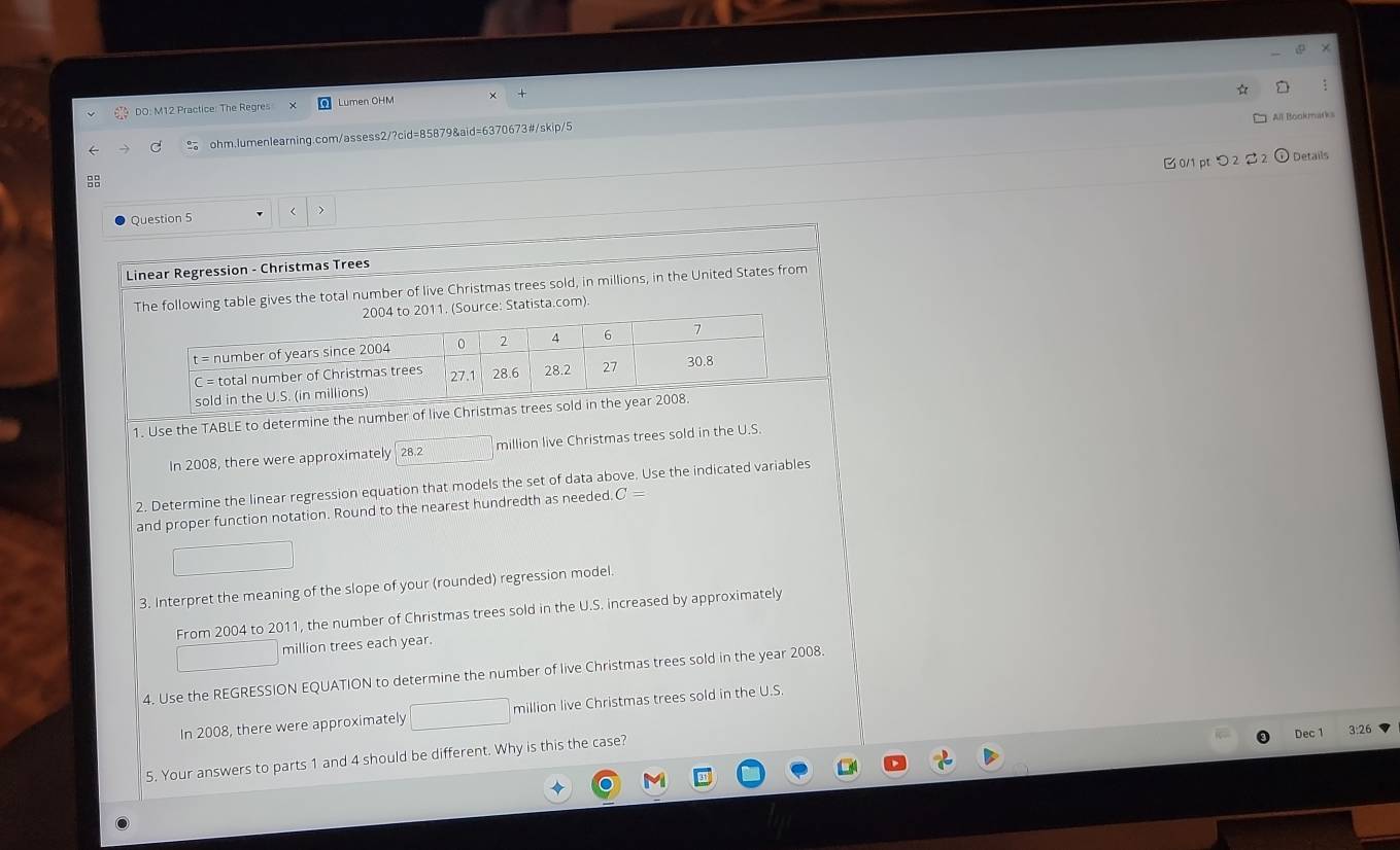 DO: M12 Practice: The Regres Lumen OHM 
All Bookmarks 
d ohm.lumenlearning.com/assess2/?cid=85879&aid=6370673#/skip/5 
B0/1 pt つ ) Details 
Question 5 
Linear Regression - Christmas Trees 
The following table gives the total number of live Christmas trees sold, in millions, in the United States from 
2004 to 2011. (Source: Statista.com). 
1. Use the TABLE to determine the number of live Christmas 
In 2008, there were approximately 28.2 □ million live Christmas trees sold in the U.S. 
2. Determine the linear regression equation that models the set of data above. Use the indicated variables 
and proper function notation. Round to the nearest hundredth as needed C=
□
3. Interpret the meaning of the slope of your (rounded) regression model. 
From 2004 to 2011, the number of Christmas trees sold in the U.S. increased by approximately
□ million trees each year. 
4. Use the REGRESSION EQUATION to determine the number of live Christmas trees sold in the year 2008. 
In 2008, there were approximately □ million live Christmas trees sold in the U.S. 
Dec 1 
5. Your answers to parts 1 and 4 should be different. Why is this the case? 3:26