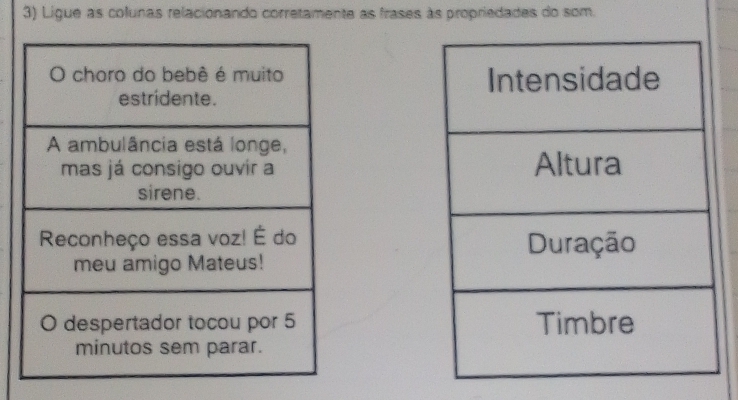 Ligue as colunas relacionando corretamente as frases às propriedades do som.