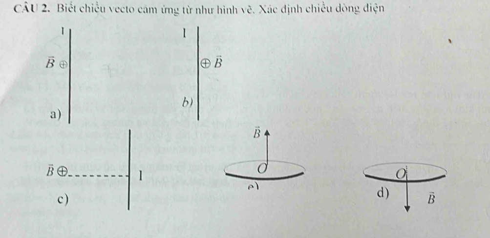 Biết chiều vecto cám ứng từ như hình vhat e :. Xác định chiều đòng điện
1
1
vector B ㊉
vector B
b)
a)
vector B
vector B ⊕. O
1
e)
c ) d ) vector B