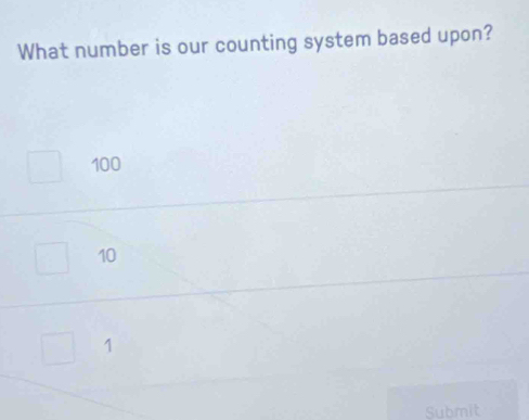 What number is our counting system based upon?
100
10
1
Submit