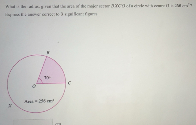 Gelöst:What is the radius, given that the area of the major sector BXCO ...