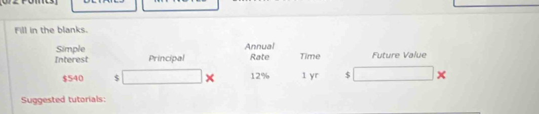 Fill in the blanks. 
Simple Annual 
Interest Principal Rate Time Future Value
$540 $ × 12% 1 yr $ x
Suggested tutorials: