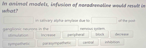 In animal models, infusion of noradrenaline would result in
what?
in salivary alpha-amylase due to of the post-
ganglionic neurons in the nervous system.
stimulation Increase peripheral block decrease
sympathetic parasympathetic central inhibition