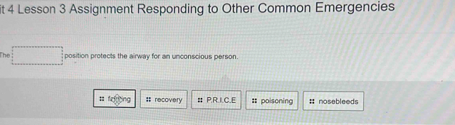 it 4 Lesson 3 Assignment Responding to Other Common Emergencies
The □ position protects the airway for an unconscious person.
:: f 1a recovery P.R.I.C.E :: poisoning nosebleeds