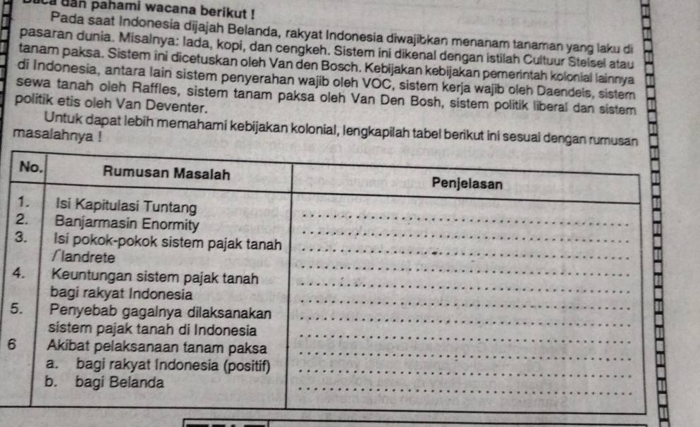 ca dan pahami wacana berikut !
Pada saat Indonesia dijajah Belanda, rakyat Indonesia diwajibkan menanam tanaman yang laku di
pasaran dunia. Misalnya: Iada, kopi, dan cengkeh. Sistem ini dikenal dengan istilah Cultuur Steisel atau
tanam paksa. Sistem ini dicetuskan oleh Van den Bosch. Kebijakan kebijakan pemerintah kolonial lainnya
di Indonesia, antara lain sistem penyerahan wajib oleh VOC, sistem kerja wajib oleh Daendels, sister
sewa tanah oleh Raffles, sistem tanam paksa oleh Van Den Bosh, sistem politik liberal dan sister
politik etis oleh Van Deventer.
Untuk dapat lebih memahami kebijakan kolonial, lengkapilah tabel berikut ini sesuai deng
masalahnya !
4
5
6