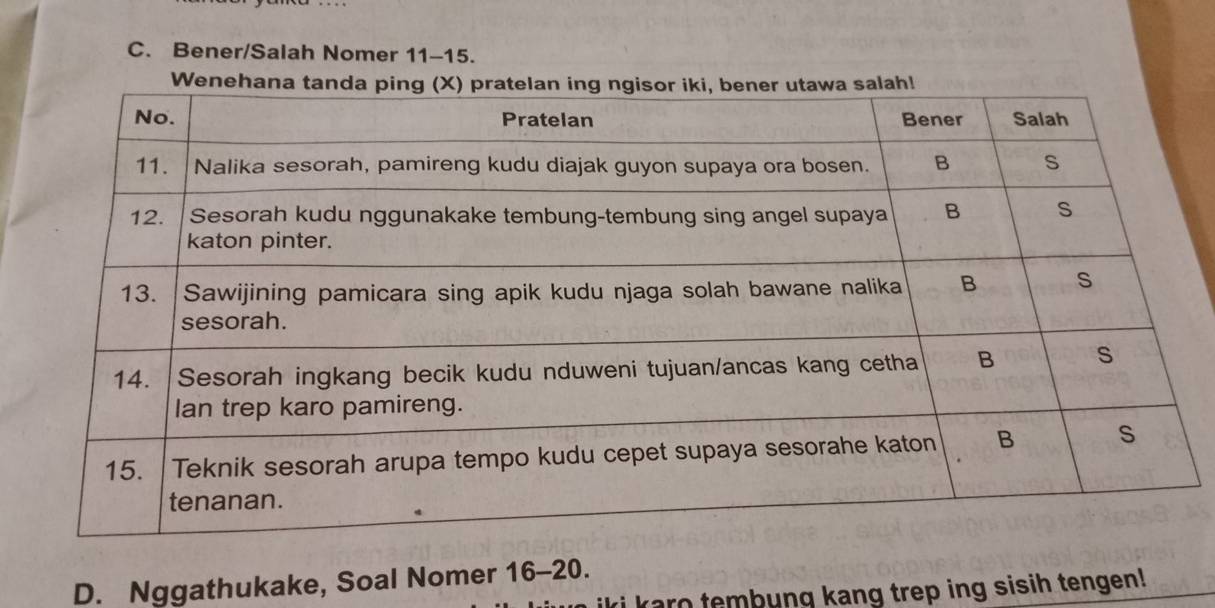 Bener/Salah Nomer 11-15. 
D. Nggathukake, Soal Nomer 16 - 20. 
karo tembung kang trep ing sisih tengen!