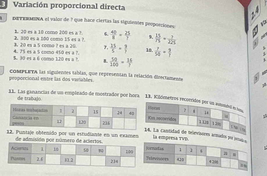 Variación proporcional directa 
DETERMINA el valor de ? que hace ciertas las siguientes proporciones: 
1. 20 es a 10 como 200 es a ?. 6. 
Jv 
2. 300 es a 100 como 15 es a ?.  40/8 = 25/?  9.  15/75 = ?/225  DE 
3, 20 es a 5 como ? es a 20. 7.  15/5 = 9/? 
4. 75 es a 5 como 450 es a ?. 10.  ?/50 = 9/? 
5. 30 es a 6 como 120 es a ?. 8.  50/100 = 16/? 
3 
RE 
coMPLETA las siguientes tablas, que representan la relación directamente 
proporcional entre las dos variables. 
10 
de trabajo. 
11. Las ganancias de un empleado de mostrador por hora 13. Kilómetros re 
11 
12. Puntaje obtenido por un estudiante en un exameos por joma 
la empresa TVD. 
de admisión por núme 
11