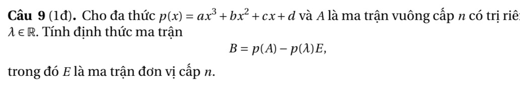 (1đ). Cho đa thức p(x)=ax^3+bx^2+cx+d và A là ma trận vuông cấp n có trị riê
lambda ∈ R :. Tính định thức ma trận
B=p(A)-p(lambda )E, 
trong đó E là ma trận đơn vị cấp n.