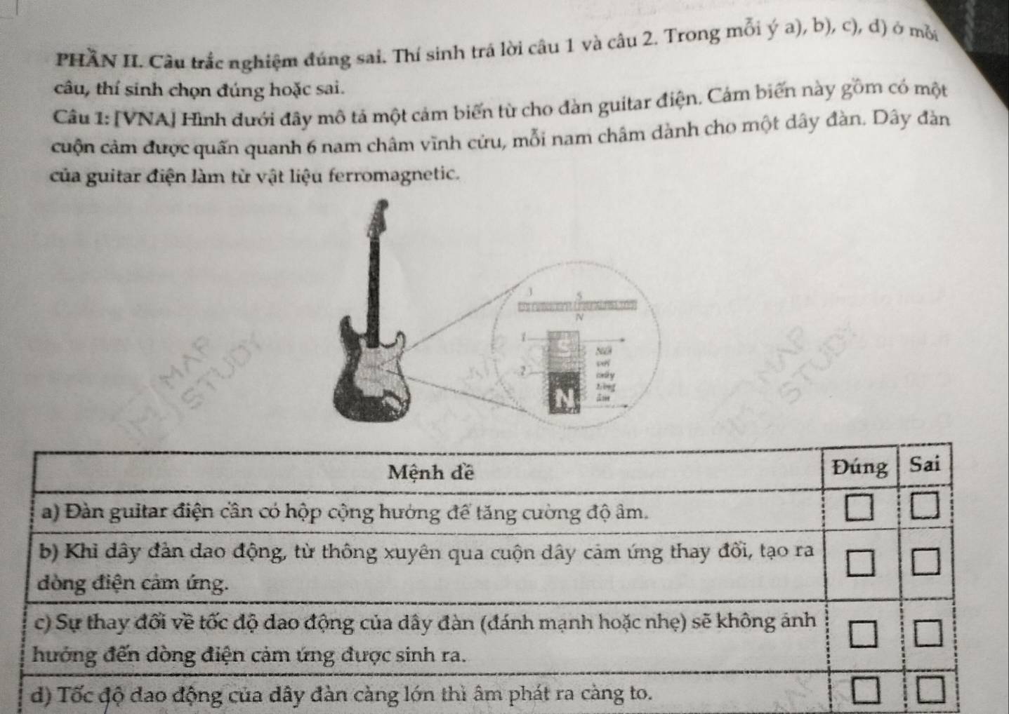 PHĂN II. Cầu trắc nghiệm đúng sai. Thí sinh trá lời câu 1 và câu 2. Trong mỗi ý a), b), c), d) ở mỗi 
câu, thí sinh chọn đúng hoặc sai. 
Câu 1: [VNA] Hình đưới đây mô tả một cảm biến từ cho đàn guitar điện. Cám biến này gồm có một 
cuộn cảm được quấn quanh 6 nam châm vĩnh cửu, mỗi nam châm dành cho một dây đàn. Dây đản 
của guitar điện làm từ vật liệu ferromagnetic.