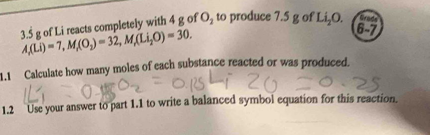 3. 5 g of Li reacts completely with 4 g of O_2 to produce 7.5 g of Li_2O. Grado
A_r(Li)=7, M_r(O_2)=32, M_r(Li_2O)=30. 
6-7 
1.1 Calculate how many moles of each substance reacted or was produced. 
1.2 Use your answer to part 1.1 to write a balanced symbol equation for this reaction.