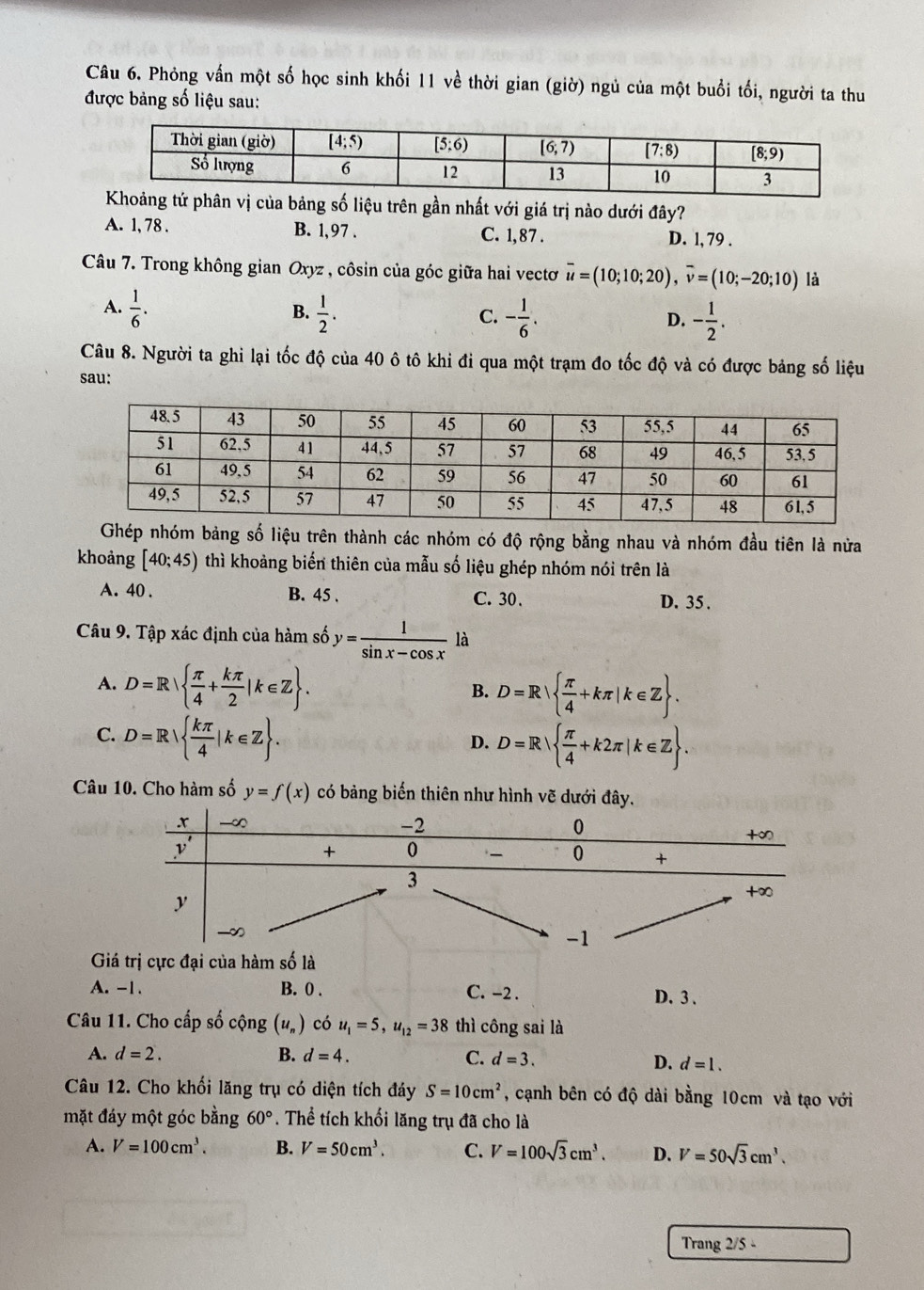 Phỏng vấn một số học sinh khối 11 về thời gian (giờ) ngủ của một buổi tối, người ta thu
được bảng số liệu sau:
vị của bảng số liệu trên gần nhất với giá trị nào dưới đây?
A. 1, 78 . B. 1, 97 . C. 1, 87 . D. 1, 79 .
Câu 7. Trong không gian Oxyz , côsin của góc giữa hai vectơ overline u=(10;10;20),overline v=(10;-20;10) là
A.  1/6 .  1/2 . - 1/6 . - 1/2 .
B.
C.
D.
Câu 8. Người ta ghi lại tốc độ của 40 ô tô khi đi qua một trạm đo tốc độ và có được bảng số liệu
sau:
Ghép nhóm bảng số liệu trên thành các nhóm có độ rộng bằng nhau và nhóm đầu tiên là nửa
khoảng [40;45) thì khoảng biến thiên của mẫu số liệu ghép nhóm nói trên là
A. 40 . B. 45 . C. 30. D. 35 .
Câu 9. Tập xác định của hàm số y= 1/sin x-cos x la
A. D=R  π /4 + kπ /2 |k∈ Z .
B. D=R  π /4 +kπ |k∈ Z .
C. D=R  kπ /4 |k∈ Z .
D. D=R  π /4 +k2π |k∈ Z .
Câu 10. Cho hàm số y=f(x) có bảng biến thiên như hình vẽ dưới đây.
Giá trị cực đại của hàm số là
A. -1. B. 0 . C. -2 . D. 3 、
Câu 11. Cho cấp số cộng (u_n) có u_1=5,u_12=38 thì công sai là
A. d=2. B. d=4. C. d=3. D. d=1.
Câu 12. Cho khối lăng trụ có diện tích đáy S=10cm^2 , cạnh bên có độ dài bằng 10cm và tạo với
mặt đáy một góc bằng 60°. Thể tích khối lăng trụ đã cho là
A. V=100cm^3. B. V=50cm^3. C. V=100sqrt(3)cm^3. D. V=50sqrt(3)cm^3.
Trang 2/5 -