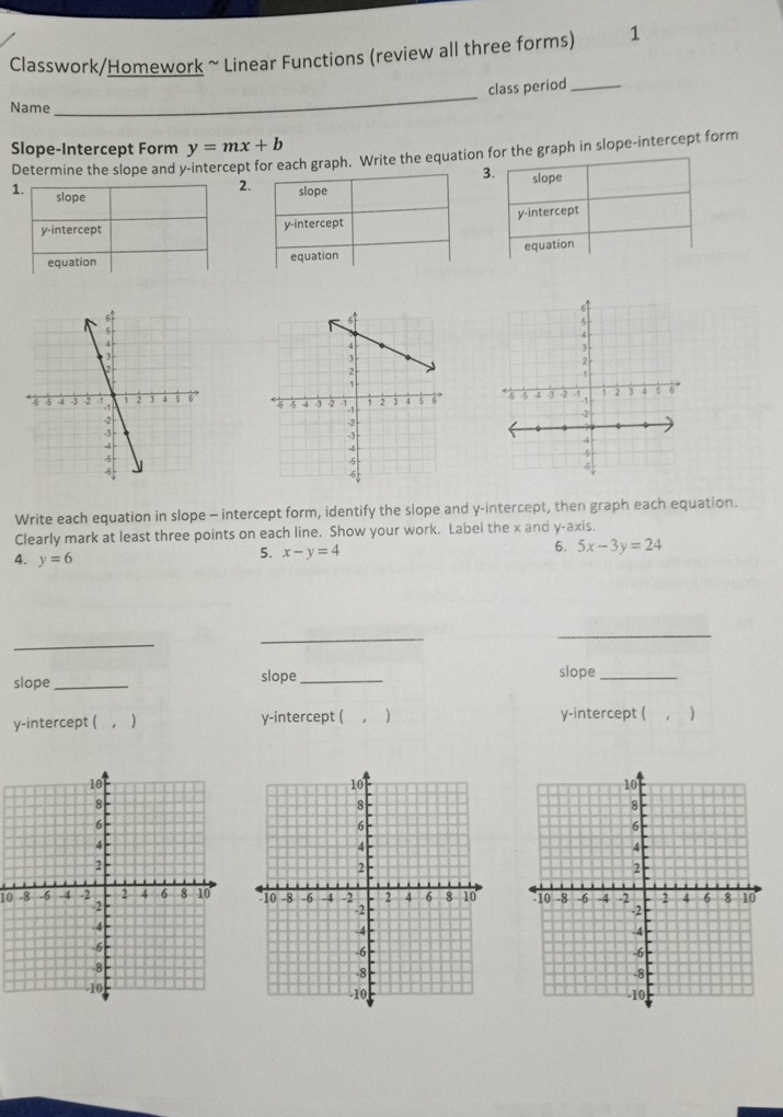Solved: Classwork/Homework ~ Linear Functions (review all three forms ...