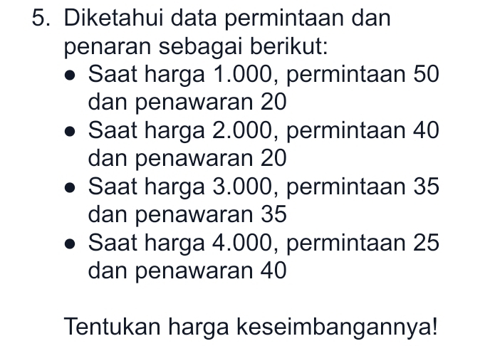 Diketahui data permintaan dan
penaran sebagai berikut:
Saat harga 1.000, permintaan 50
dan penawaran 20
Saat harga 2.000, permintaan 40
dan penawaran 20
Saat harga 3.000, permintaan 35
dan penawaran 35
Saat harga 4.000, permintaan 25
dan penawaran 40
Tentukan harga keseimbangannya!