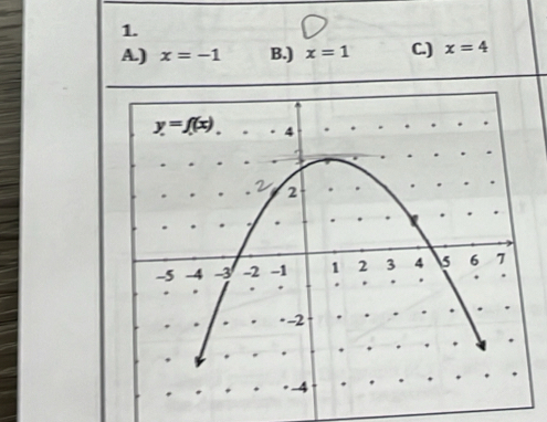 A.) x=-1 B.) x=1 C.) x=4