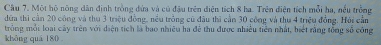 Cầu 7. Một hộ nông dân định trồng đứa và củ đậu trên điện tích 8 ha. Trên điện tích mỗi ha, nều trồng 
đữa thì cần 20 công và thu 3 triệu đồng, nều trồng cũ đầu thì cần 30 công và thu 4 triệu đồng. Hỏi cần 
trồng mỗi loại cây trên với diện tích là bao nhiêu ha để thu được nhiều tiên nhất, biết rằng tổng số công 
khòng quá 180