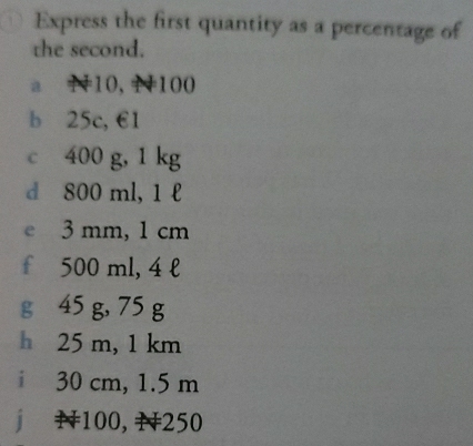 Express the first quantity as a percentage of 
the second. 
a 1+10,1+100
b 25c, €1
c 400 g, 1 kg
d 800 ml, 1 l
e 3 mm, 1 cm
f 500 ml, 4 l
g 45 g, 75 g
h 25 m, 1 km
i 30 cm, 1.5 m
j 1100, 1250