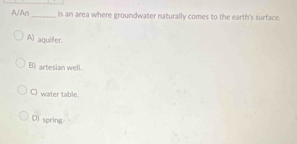 A/An_ is an area where groundwater naturally comes to the earth's surface.
A) aquifer.
B) artesian well.
C) water table.
D) spring