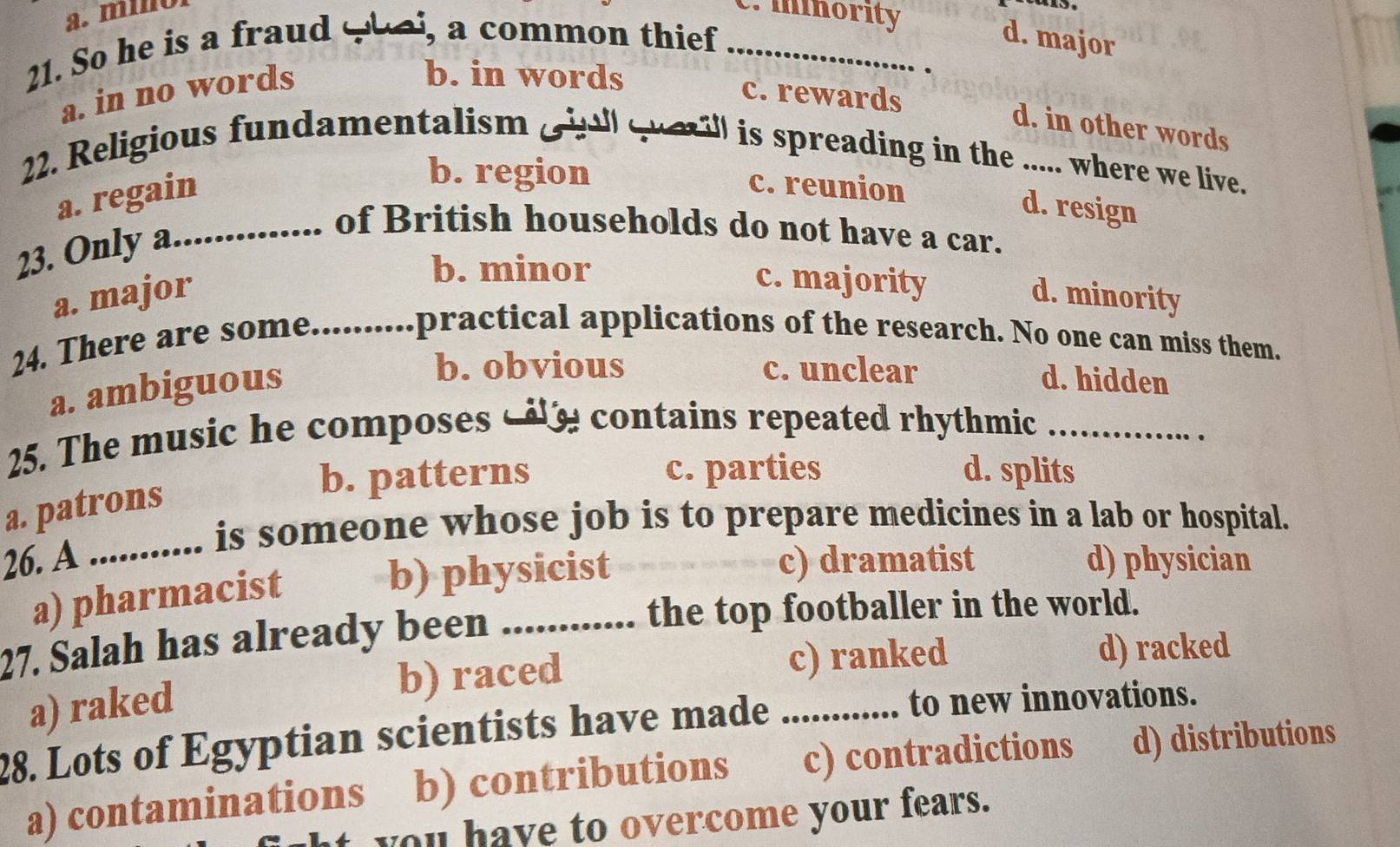 mino c. minority
21. So he is a fraud qui, a common thief _d. major
a. in no words
b. in words c. rewards
d. in other words
22. Religious fundamentalism gial queil is spreading in the ..... where we live.
a. regain
b. region c. reunion
d. resign
23. Only a._
of British households do not have a car.
b. minor c. majority
a. major d. minority
24. There are some..........practical applications of the research. No one can miss them.
a. ambiguous
b. obvious c. unclear
d. hidden
25. The music he composes cal e contains repeated rhythmic_
b. patterns c. parties d. splits
a. patrons
26. A ........... is someone whose job is to prepare medicines in a lab or hospital.
a) pharmacist
b) physicist c) dramatist d) physician
27. Salah has already been the top footballer in the world.
a) raked b) raced
c) ranked d) racked
28. Lots of Egyptian scientists have made_
to new innovations.
a) contaminations b) contributions c) contradictions d) distributions
you have to overcome your fears.