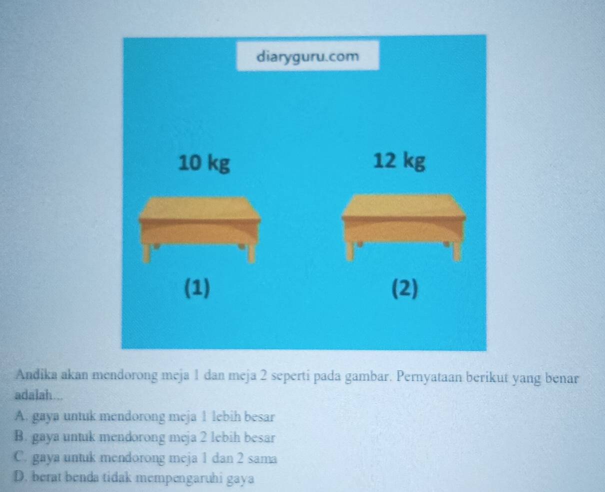 Andika akan mendorong meja 1 dan meja 2 seperti pada gambar. Pernyataan berikut yang benar
adalah...
A. gaya untuk mendorong meja 1 lebih besar
B. gaya untuk mendorong meja 2 lebih besar
C. gaya untuk mendorong meja 1 dan 2 sama
D. berat benda tidak mempengaruhi gaya