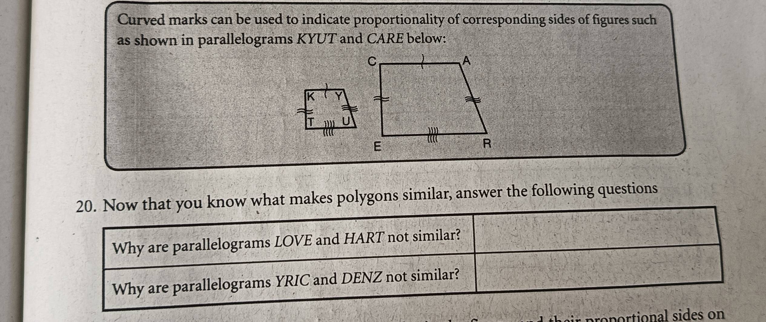 Curved marks can be used to indicate proportionality of corresponding sides of figures such 
as shown in parallelograms KYUT and CARE below: 
20. Now that you know what makes polygons similar, answer the following questions 
Why are parallelograms LOVE and HART not similar? 
Why are parallelograms YRIC and DENZ not similar? 
* proportional sides on