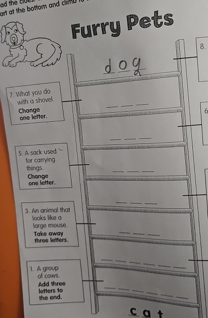 ad the clue 
art at the bottom and climp . 
Furry Pets 
8. 
__ 
_ 
7. What you do 
_ 
_ 
_ 
with a shovel. 
Change 6 
one letter. 
_ 
_ 
_ 
5. A sack used 
for carrying 
things. 
_ 
__ 
Change 
one letter. 
_ 
_ 
_ 
3. An animal that 
looks like a 
_ 
_ 
large mouse. 
Take away 
_ 
three letters. 
_ 
_ 
1. A group 
_ 
_ 
of cows. 
_ 
_ 
_ 
Add three 
_ 
_ 
letters to 
the end. 
_ 
cat